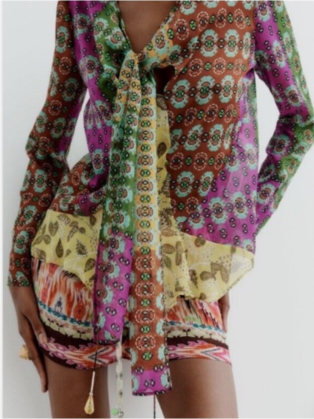 Zara Multicolor Patchwork Long-Sleeve Boho Top m